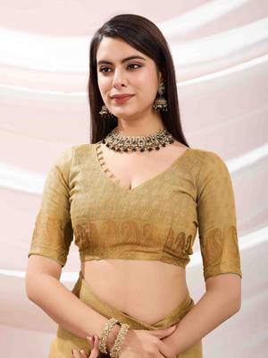golden zari woven linen jacquard saree with unstitched blouse piece 5