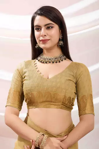golden zari woven linen jacquard saree with unstitched blouse piece