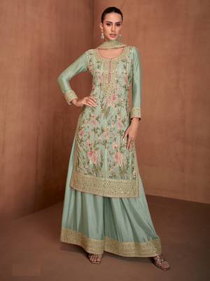 Green embroidered chinon palazzo suit 1