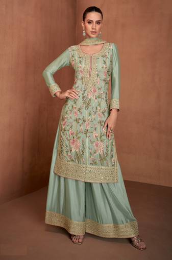 Green embroidered chinon palazzo suit