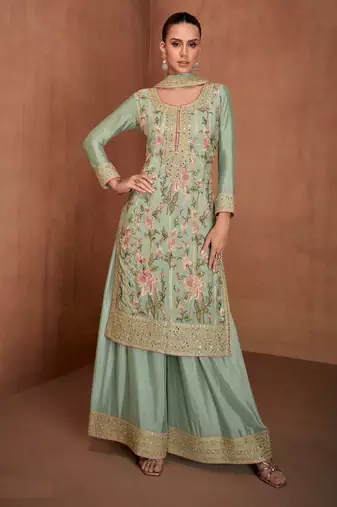 Green embroidered chinon palazzo suit