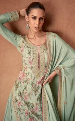 Green embroidered chinon palazzo suit 2