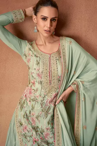 Green embroidered chinon palazzo suit