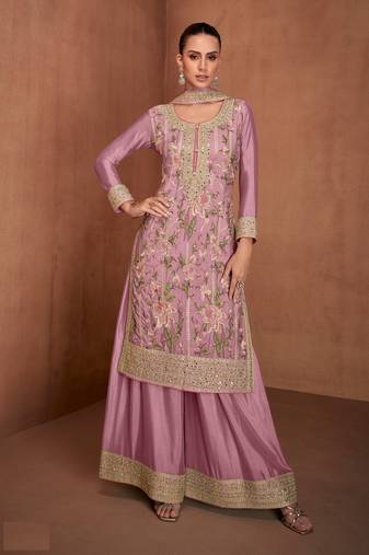 Pink embroidered chinon palazzo suit