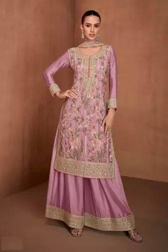 Pink embroidered chinon palazzo suit