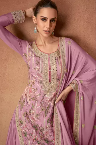 Pink embroidered chinon palazzo suit