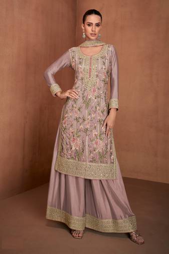 Mauve embroidered chinon palazzo suit