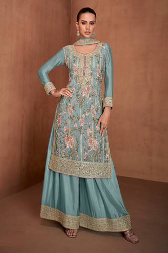 Sky embroidered chinon palazzo suit