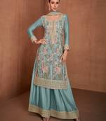 Sky embroidered chinon palazzo suit