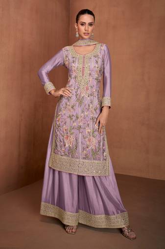Purple embroidered chinon palazzo suit