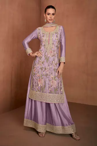 Purple embroidered chinon palazzo suit