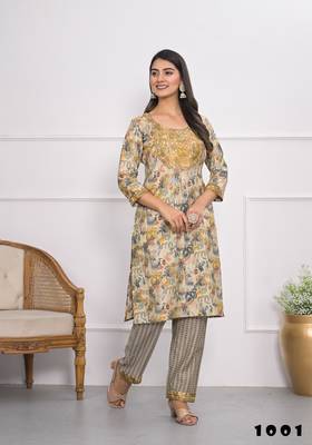 Festive wear ethnic cream chanderi stitched suit with dupatta 1