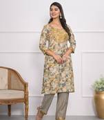 Festive wear ethnic cream chanderi stitched suit with dupatta