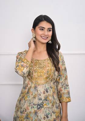 Festive wear ethnic cream chanderi stitched suit with dupatta 2