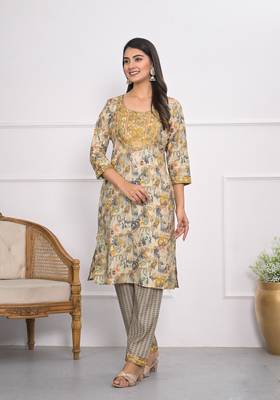 Festive wear ethnic cream chanderi stitched suit with dupatta 5