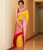 Yellow  woven banarasi cotton silk saree with blouse piece
