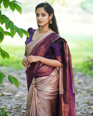 Grey woven banarasi cotton silk saree with blouse piece 1