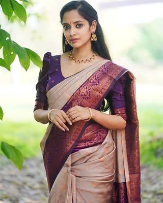 Grey woven banarasi cotton silk saree with blouse piece 2