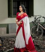 White woven banarasi cotton silk saree with blouse piece