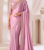 pink embroidered georgette saree with unstitched blouse piece