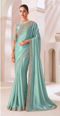 mint embroidered georgette saree with unstitched blouse piece 1