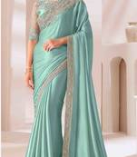 mint embroidered georgette saree with unstitched blouse piece