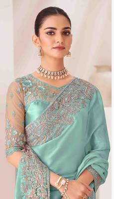 mint embroidered georgette saree with unstitched blouse piece 2