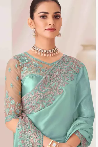mint embroidered georgette saree with unstitched blouse piece