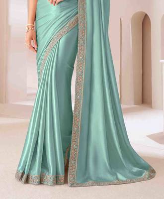 mint embroidered georgette saree with unstitched blouse piece 3