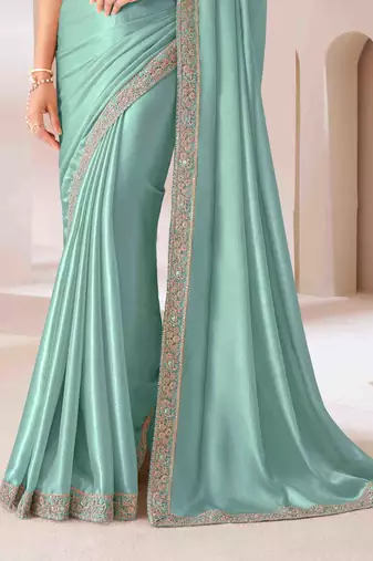 mint embroidered georgette saree with unstitched blouse piece