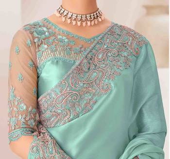 mint embroidered georgette saree with unstitched blouse piece 4