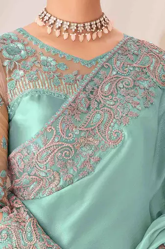 mint embroidered georgette saree with unstitched blouse piece