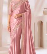peach embroidered georgette saree with unstitched blouse piece