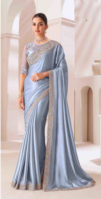 blue embroidered georgette saree with unstitched blouse piece 1