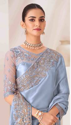 blue embroidered georgette saree with unstitched blouse piece 2