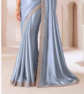 blue embroidered georgette saree with unstitched blouse piece 3