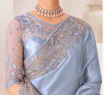 blue embroidered georgette saree with unstitched blouse piece 4