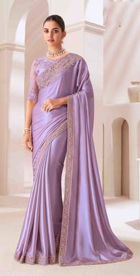 lavender embroidered georgette saree with unstitched blouse piece 1