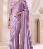 lavender embroidered georgette saree with unstitched blouse piece