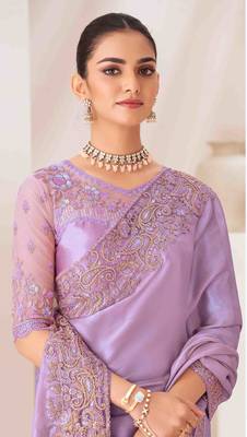 lavender embroidered georgette saree with unstitched blouse piece 2