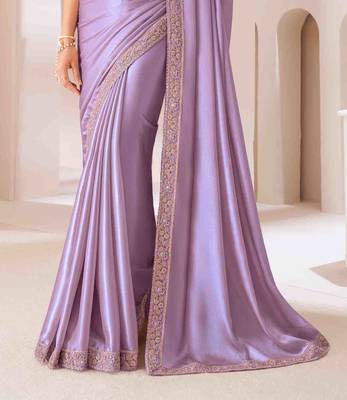 lavender embroidered georgette saree with unstitched blouse piece 3