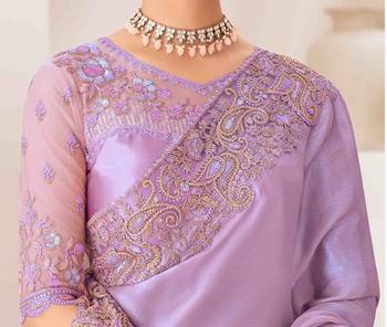 lavender embroidered georgette saree with unstitched blouse piece 4