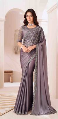 grey embroidered georgette saree with unstitched blouse piece 1