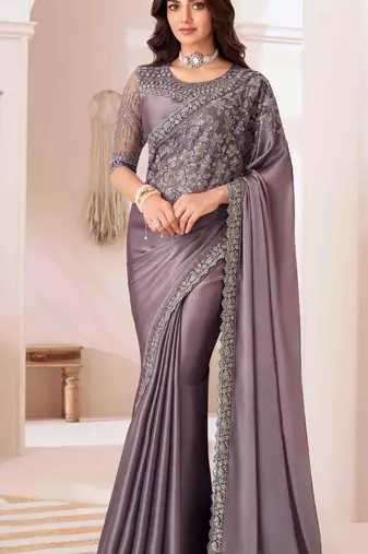 grey embroidered georgette saree with unstitched blouse piece