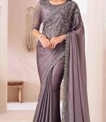 grey embroidered georgette saree with unstitched blouse piece