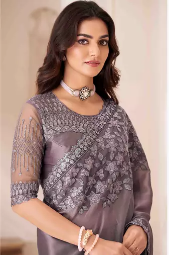 grey embroidered georgette saree with unstitched blouse piece