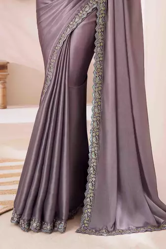 grey embroidered georgette saree with unstitched blouse piece