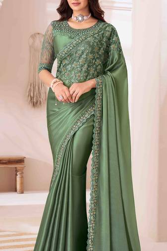 green embroidered georgette saree with unstitched blouse piece