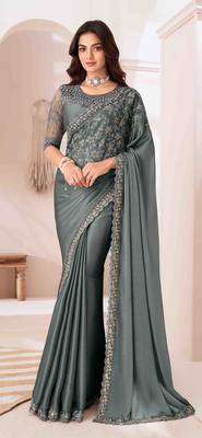 teal embroidered georgette saree with unstitched blouse piece 1