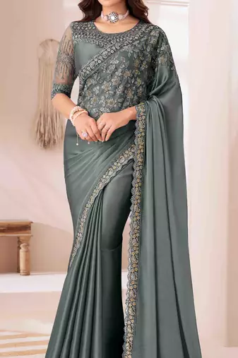 teal embroidered georgette saree with unstitched blouse piece